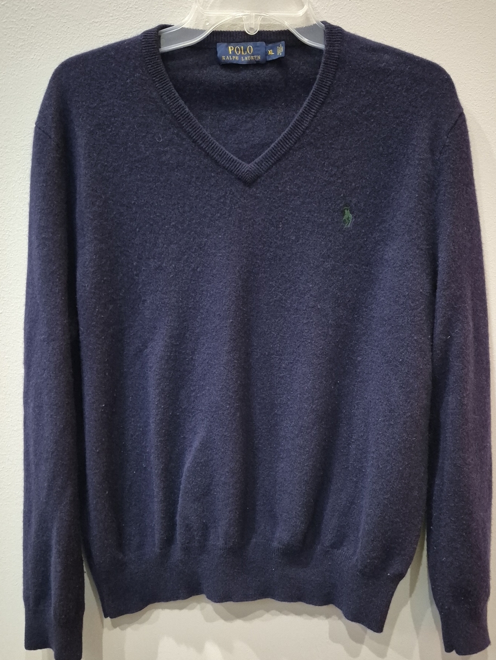Ralph Lauren Polo Navy V-Neck Sweater Mens XL Merino Wool Green Pony Logo Preppy